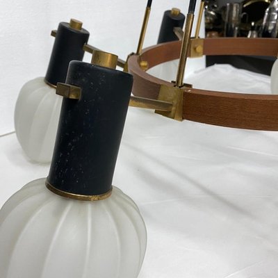 Mid-Century Modern Italian Brass, Teak and Glass Chandelier in the Style of Stilnovo, 1960s-NMK-1150575