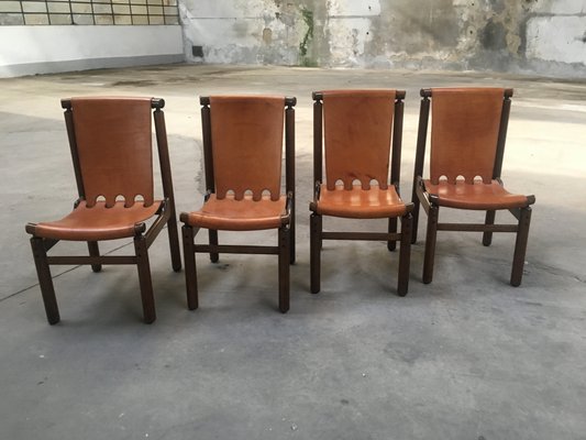 Mid-Century Modern Italian Cognac Leather and Dark Beech Dining Chairs by Ilmari Tapiovaara for La Permanente Mobili Cantù, Set of 4-DHH-1142553