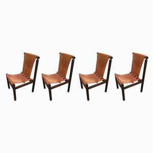 Mid-Century Modern Italian Cognac Leather and Dark Beech Dining Chairs by Ilmari Tapiovaara for La Permanente Mobili Cantù, Set of 4-DHH-1142553