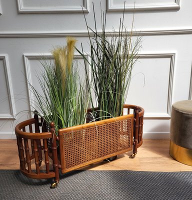 Mid-Century Modern Italian Fruitwood Cane & Brass Cachepot Planter-EUP-1341103