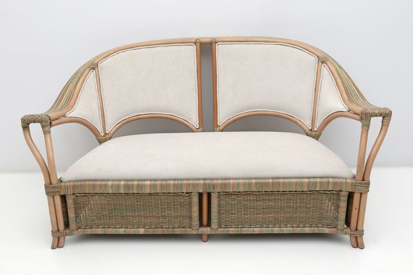 Mid-Century Modern Italian Rattan and Wicker Two Armchairs and Sofa, 1979, Set of 3-FER-1761536