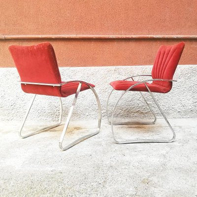 Mid-Century Modern Italian Red Velvet and Chrome Chairs, 1970s, Set of 4-GDD-1097188