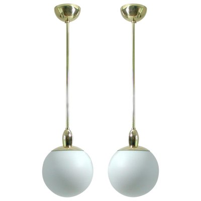 Mid-Century Modern Italian Satinated Glass and Brass Pendants, 1960s, Set of 2-OE-897847