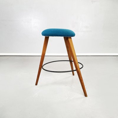 Mid-Century Modern Italian Stools in Wood, Black Iron and Blue Fabric, 1960s, Set of 2-GDD-1355693