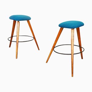 Mid-Century Modern Italian Stools in Wood, Black Iron and Blue Fabric, 1960s, Set of 2-GDD-1355693