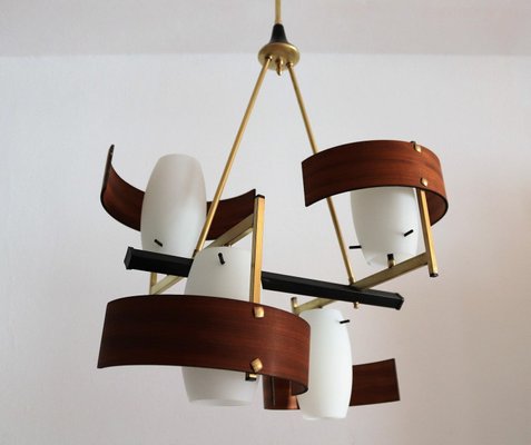 Mid-Century Modern Italian Teak and Glass Chandelier, 1960s-VNE-965964