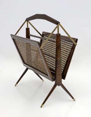 Mid-Century Modern Italian Wicker and Brass Magazine Rack by Cesare Lacca, 1950s-FER-1779582