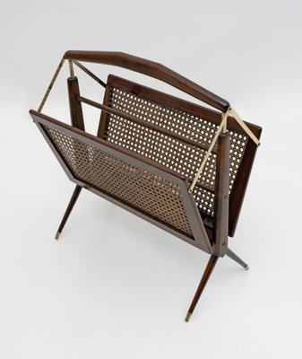 Mid-Century Modern Italian Wicker and Brass Magazine Rack by Cesare Lacca, 1950s-FER-1779582