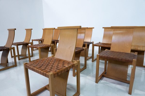 Mid-Century Modern Italian Wood and Leather Chairs, 1950s, Set of 12-FGA-1783826