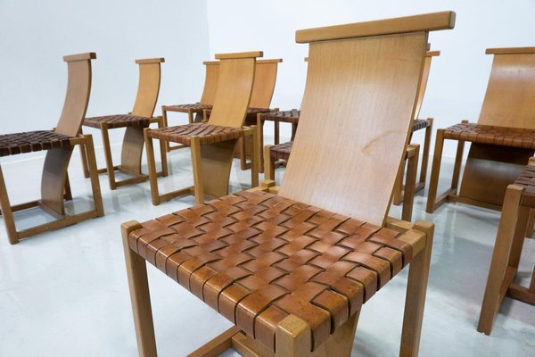 Mid-Century Modern Italian Wood and Leather Chairs, 1950s, Set of 12-FGA-1783826