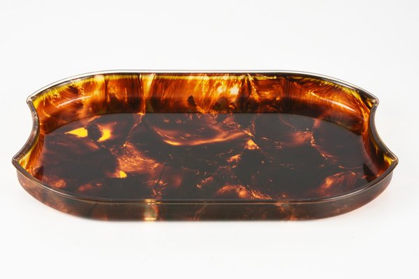 Mid-Century Modern Oval Serving Tray in Tortoiseshell Effect Acrylic Glass, Italy, 1970s-JDR-1743400