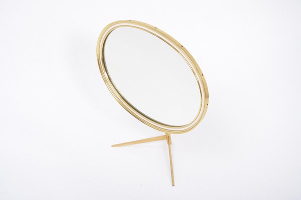 Mid-Century Modern Oval Vanity Brass Table Mirror from Vereinigte Werkstätten Collection, 1960s-FN-695044