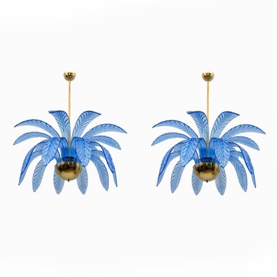 Mid-Century Modern Palm Leaves Chandelier in Murano Glass and Brass, 1970s-FER-1983850