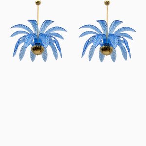 Mid-Century Modern Palm Leaves Chandelier in Murano Glass and Brass, 1970s-FER-1983850