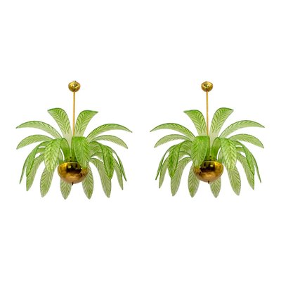 Mid-Century Modern Palm Leaves Chandelier in Murano Glass and Brass from Maestri Muranesi, 1970s, Set of 2-FER-2022797