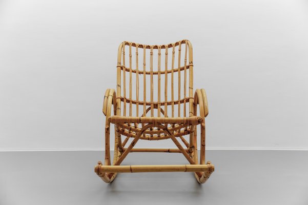 Mid-Century Modern Rattan and Bamboo Rocking Chair, 1960s-KQB-2027187