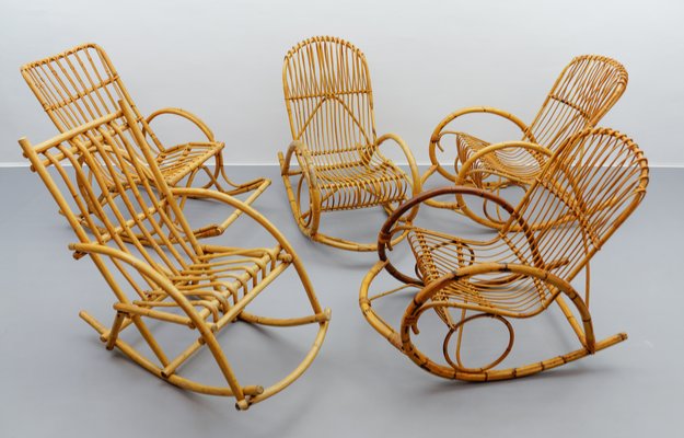 Mid-Century Modern Rattan and Bamboo Rocking Chair, 1960s-KQB-2027187