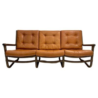 Mid-Century Modern Rattan and Cognac Leather Sofa, Italy, 1970s-FGA-1433252