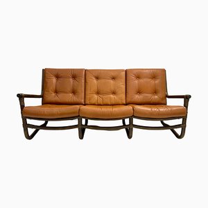 Mid-Century Modern Rattan and Cognac Leather Sofa, Italy, 1970s-FGA-1433252