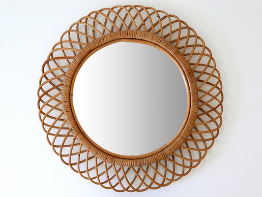 Mid-Century Modern Round Rattan & Bamboo Wall Mirror, Italy, 1960s-WPT-1078300