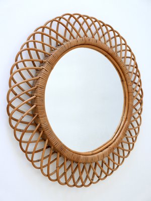 Mid-Century Modern Round Rattan & Bamboo Wall Mirror, Italy, 1960s-WPT-1078300