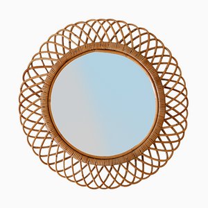 Mid-Century Modern Round Rattan & Bamboo Wall Mirror, Italy, 1960s-WPT-1078300