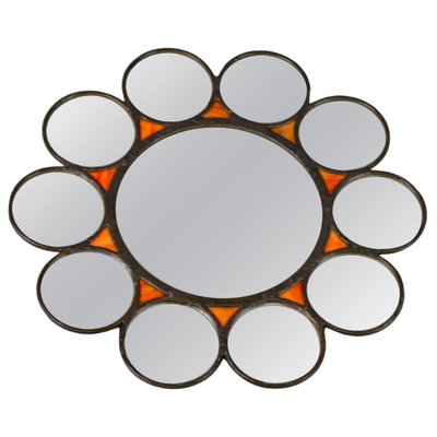 Mid-Century Modern Round Sun-Shaped Backlit Metal and Orange Glass Wall Mirror, 1960s-KEG-1605584