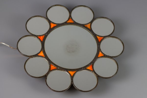 Mid-Century Modern Round Sun-Shaped Backlit Metal and Orange Glass Wall Mirror, 1960s-KEG-1605584