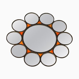 Mid-Century Modern Round Sun-Shaped Backlit Metal and Orange Glass Wall Mirror, 1960s-KEG-1605584