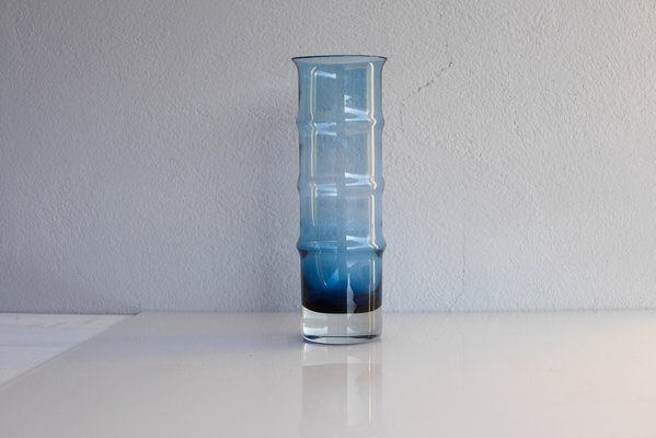 Mid-Century Modern Scandinavian Large Blue Bamboo Glass Vase by Borgström Åseda, Sweden-JIE-2042164