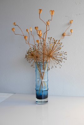 Mid-Century Modern Scandinavian Large Blue Bamboo Glass Vase by Borgström Åseda, Sweden-JIE-2042164