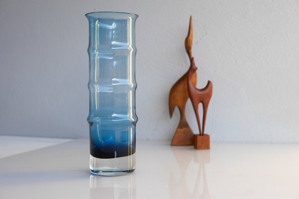 Mid-Century Modern Scandinavian Large Blue Bamboo Glass Vase by Borgström Åseda, Sweden-JIE-2042164