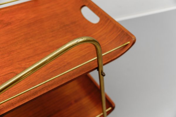 Mid-Century Modern Serving Cart in Teak and Brass with Removable Tray, 1950s-KQB-2027990