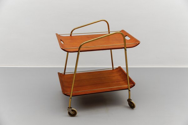 Mid-Century Modern Serving Cart in Teak and Brass with Removable Tray, 1950s-KQB-2027990