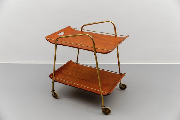 Mid-Century Modern Serving Cart in Teak and Brass with Removable Tray, 1950s-KQB-2027990