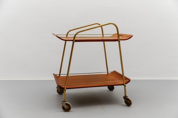 Mid-Century Modern Serving Cart in Teak and Brass with Removable Tray, 1950s-KQB-2027990