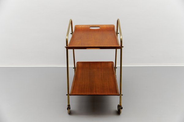 Mid-Century Modern Serving Cart in Teak and Brass with Removable Tray, 1950s-KQB-2027990