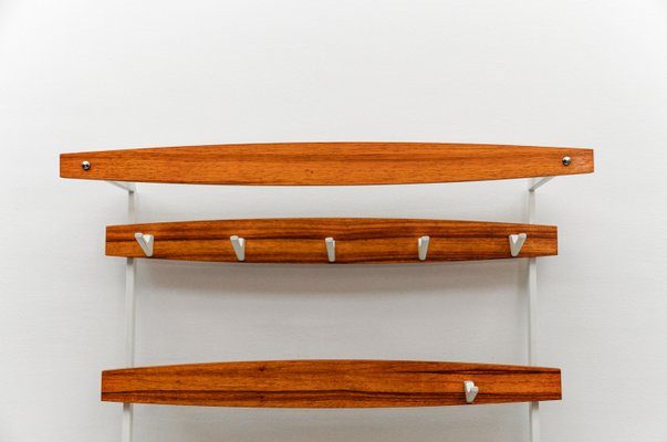 Mid-Century Modern Slats Wall Coat Rack with White Hooks, 1960s-KQB-2028008