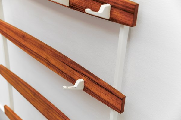 Mid-Century Modern Slats Wall Coat Rack with White Hooks, 1960s-KQB-2028008