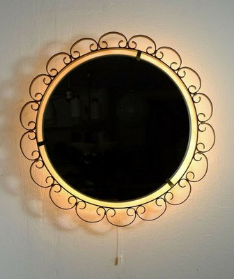 Mid-Century Modern Wall Mirror with Lighting and Iron Frame from Hillebrand Lighting, 1960s-FH-1133184