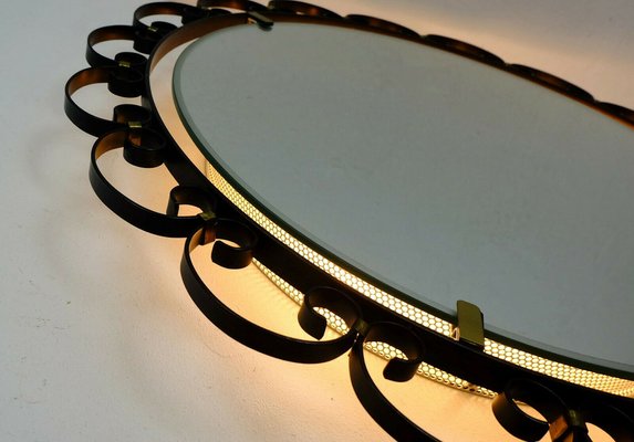 Mid-Century Modern Wall Mirror with Lighting and Iron Frame from Hillebrand Lighting, 1960s-FH-1133184