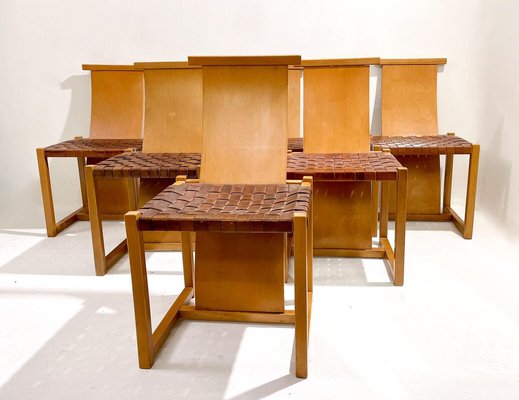 Mid-Century Modern Wood and Leather Chairs, Italy, 1950s, Set of 6-FGA-1421051