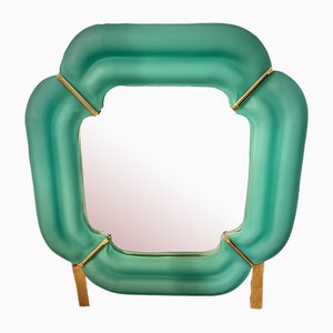 Mid-Century Murano Light Green Glass and Brass Console Wall Mirror-UH-2018429