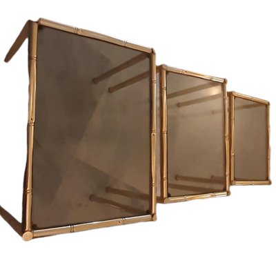 Mid-Century Nesting Tables in Faux Bamboo, Gilt Metal & Smoked Glass, Set of 3-TCS-1304909