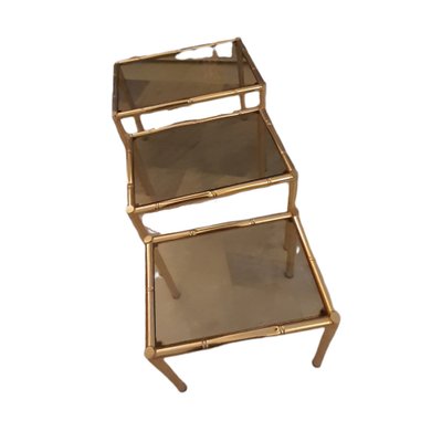 Mid-Century Nesting Tables in Faux Bamboo, Gilt Metal & Smoked Glass, Set of 3-TCS-1304909