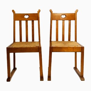 Mid-Century Oak Chairs with Skid Feet & Wicker Seats, Set of 2-RR-1363791