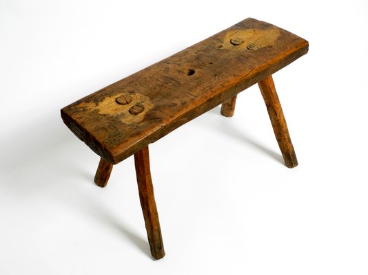 Mid-Century Oblong Four-Legged Solid Oak Stool With Patina, 1940s-RR-1330905