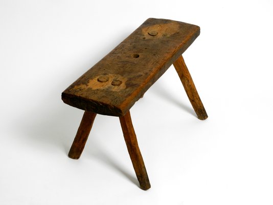 Mid-Century Oblong Four-Legged Solid Oak Stool With Patina, 1940s-RR-1330905