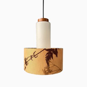 Mid-Century Opaline Glass Pendant Lamp with Beige Fabric Jungle Shade-ZBK-2022375