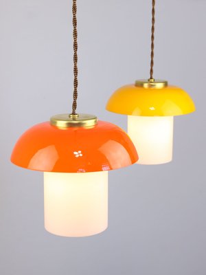 Mid-Century Orange Glass & Brass Mushroom Pendant Lamp-HGJ-1440887